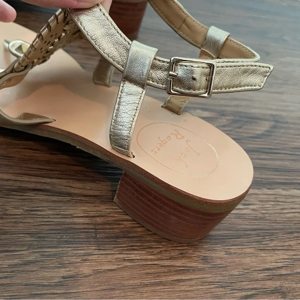 Jack Rogers Gretchen Block Heel Sandals Sz 7 Gold Leather